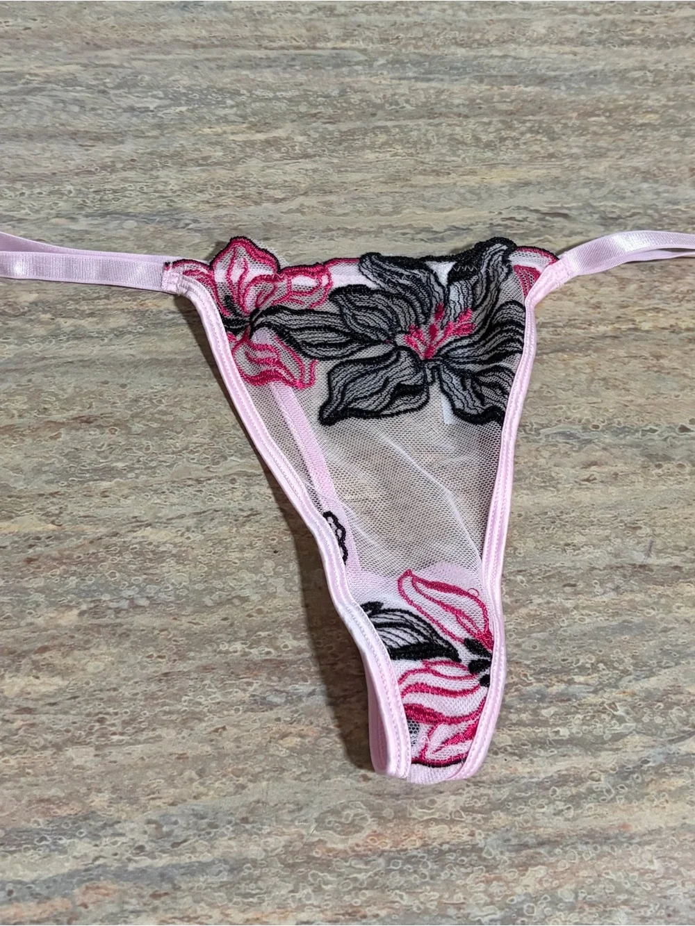 NWOT Oh La La Cheri Paris Pink Floral Embroidered Sheer Babydoll & Panty Set